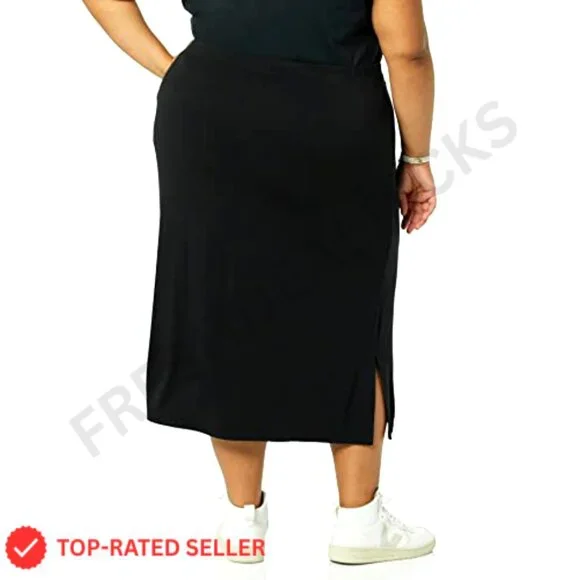 Pull-On Knit Midi Skirt Stretchy Casual Chic Minimal Day to Night Wear - Picture 2 of 6